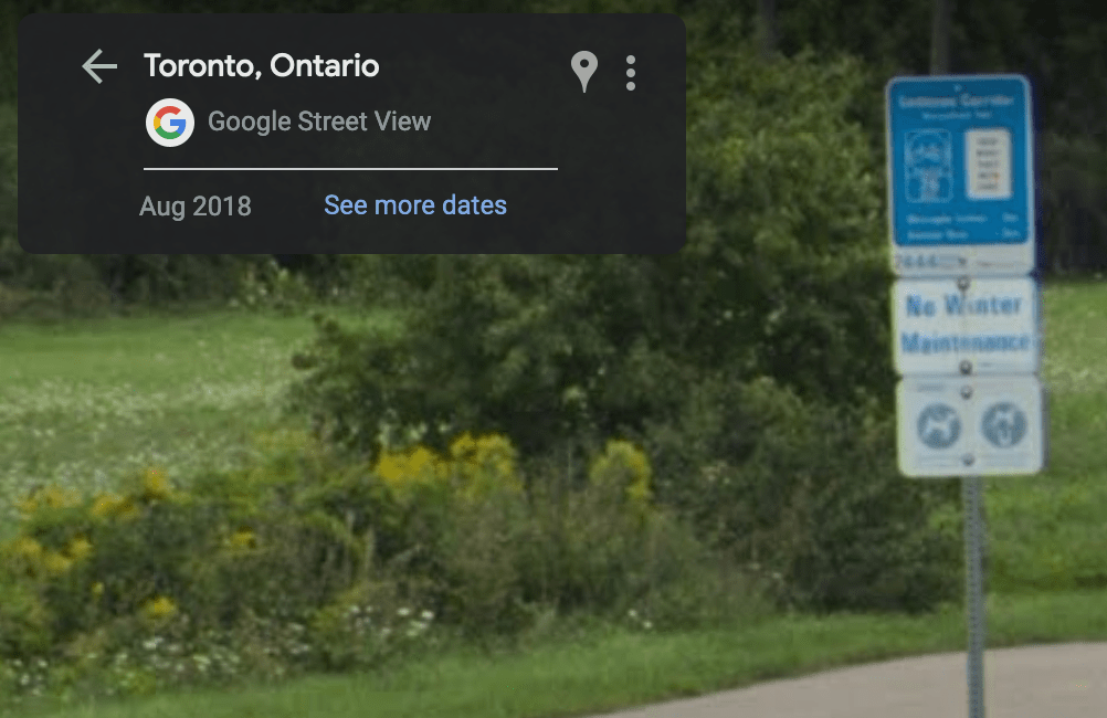 Screenshot of Google Street View showing a series of signs, one of which reads "No Winter Maintenance". There is a large bush in the background.